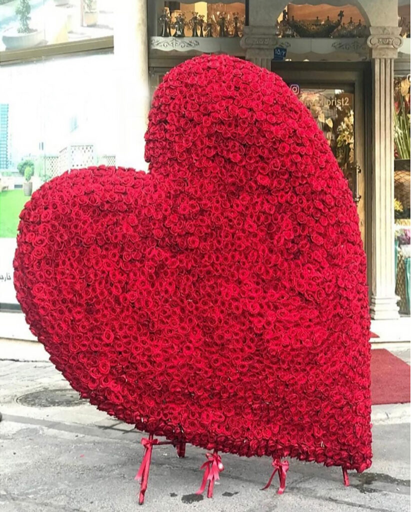 دسته گل ایستاد، با بیش از2000 شاخه گل رز، دو متری از گل رز بصورت قلب طراحی شده است
